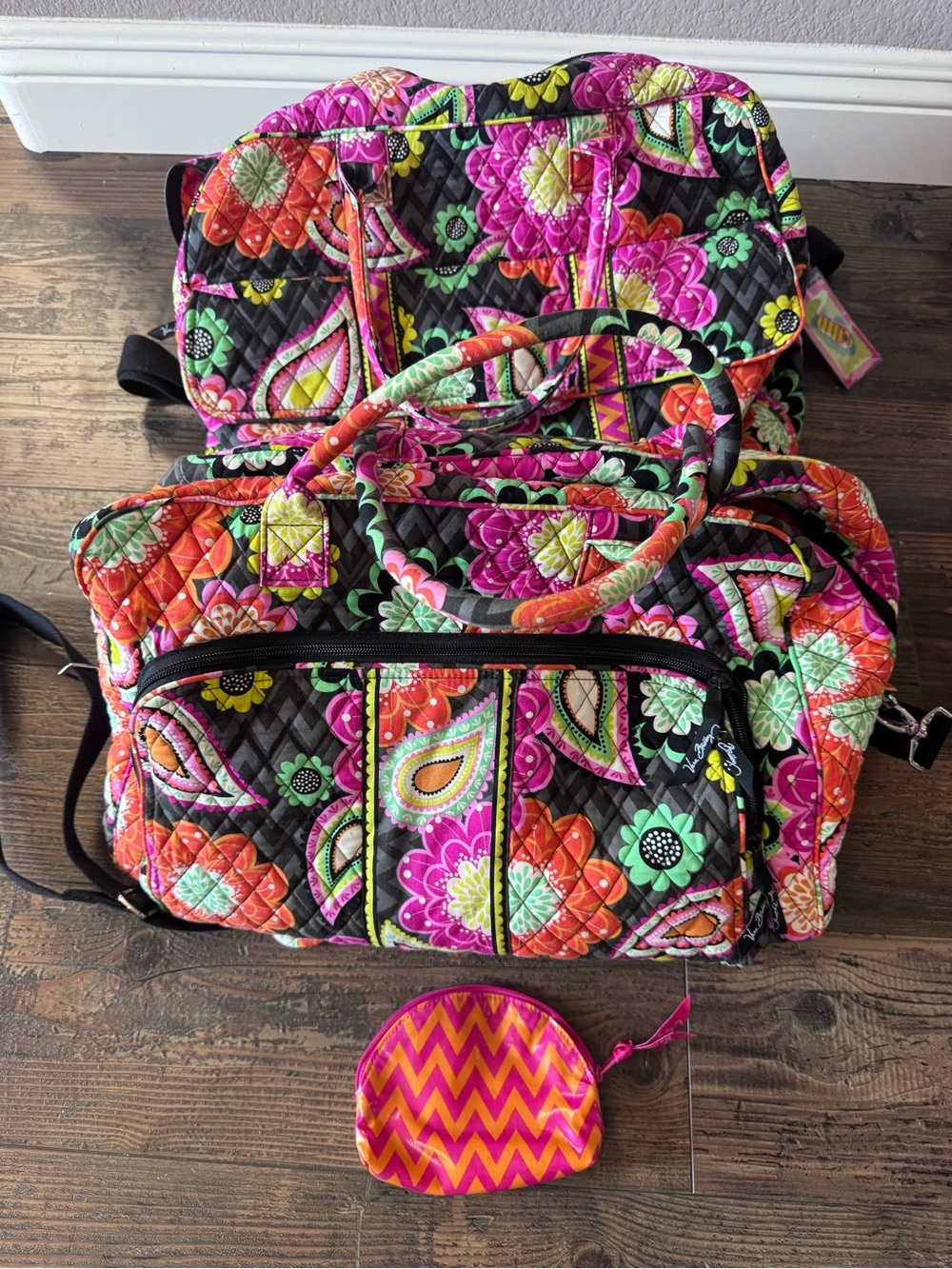 Vera Bradley Quilted Floral Duffel in Black with Pink, Orange & Green